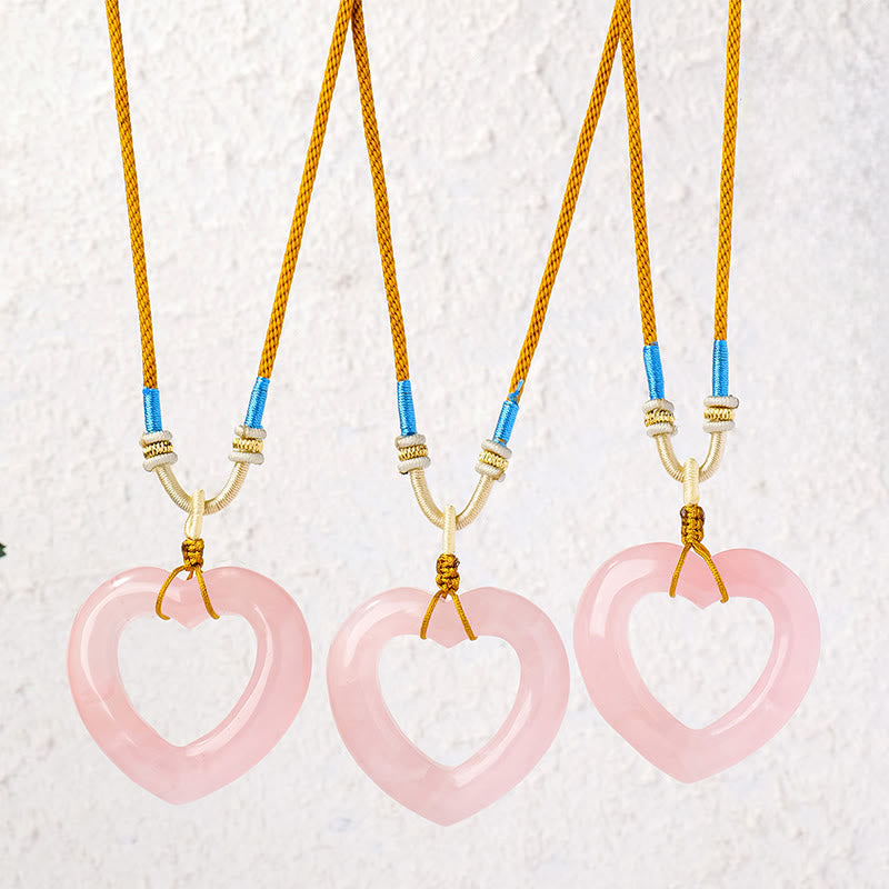 Buddha Stones Natural Rose Quartz Hollow Love Heart Caring Necklace Pendant