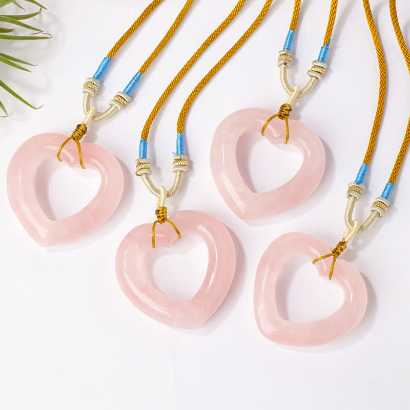 Buddha Stones Natural Rose Quartz Hollow Love Heart Caring Necklace Pendant