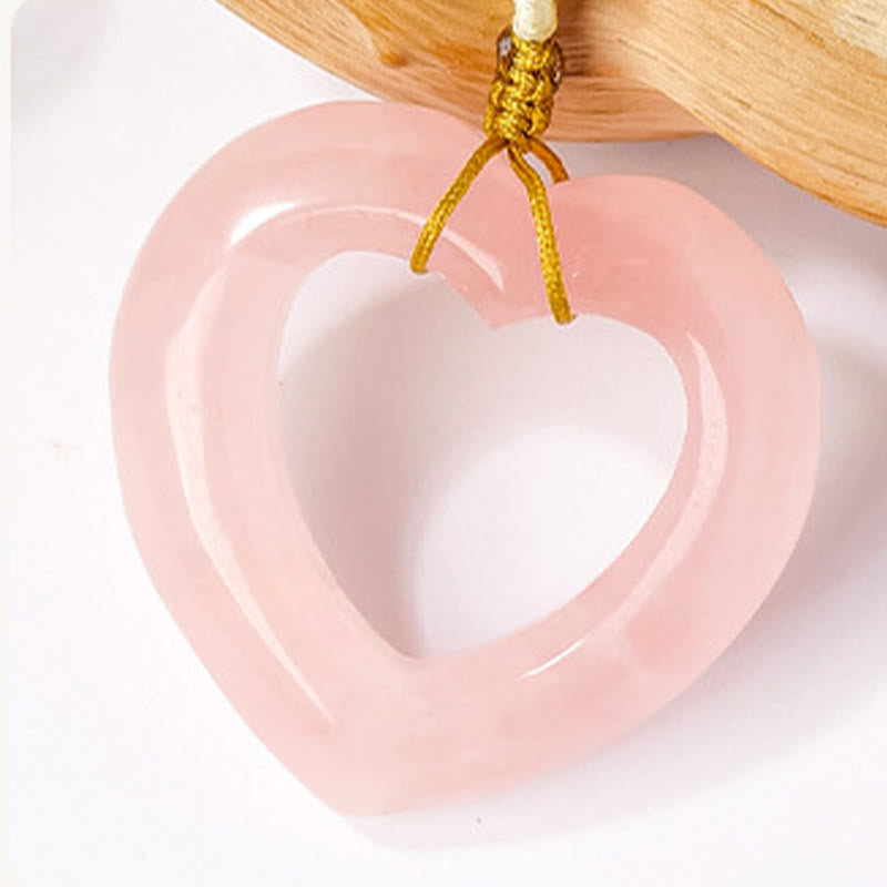 Buddha Stones Natural Rose Quartz Hollow Love Heart Caring Necklace Pendant