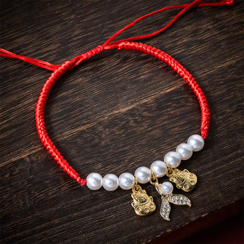 Buddha Stones Red String Plaited Pearl Fish Tail Protection Adjustable Cats Pet Collar
