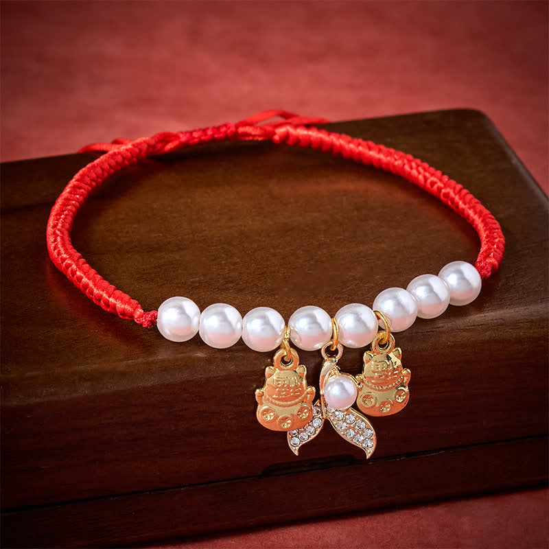 Buddha Stones Red String Plaited Pearl Fish Tail Protection Adjustable Cats Pet Collar