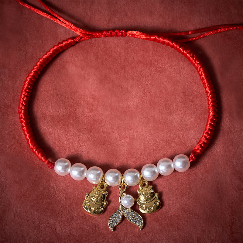 Buddha Stones Red String Plaited Pearl Fish Tail Protection Adjustable Cats Pet Collar