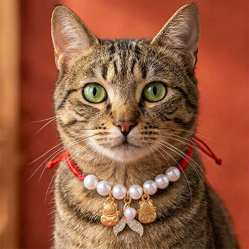 Buddha Stones Red String Plaited Pearl Fish Tail Protection Adjustable Cats Pet Collar