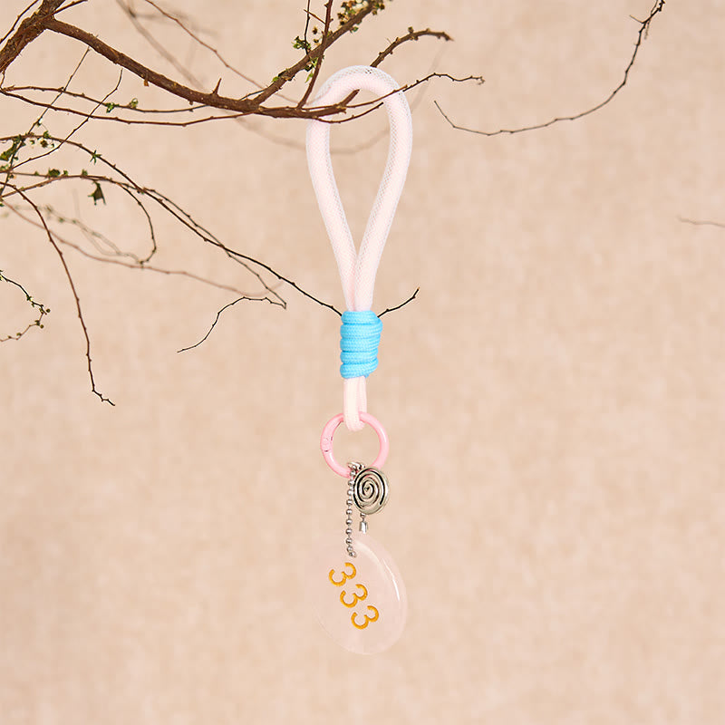 Buddha Stones Wishing Guidance and Strength 333 Angel Number Natural Rose Quartz Key Chain Hanging Decoration Includes Gift Message Card