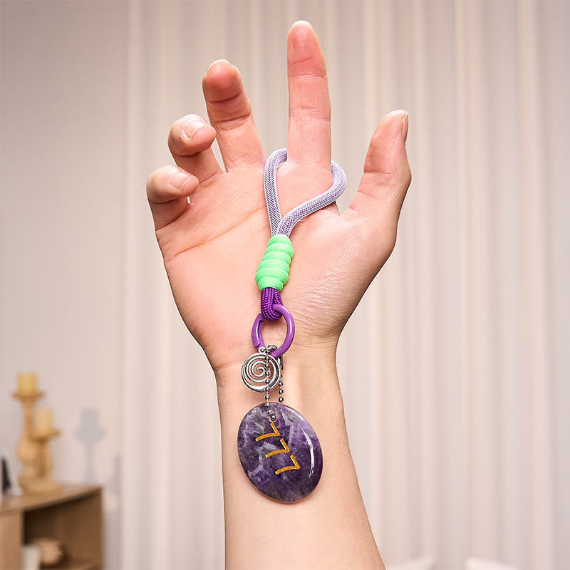 Buddha Stones "Step Into Luck and Wisdom" 777 Angel Number Natural Amethyst Key Chain Hanging Decoration Includes Gift Message Card
