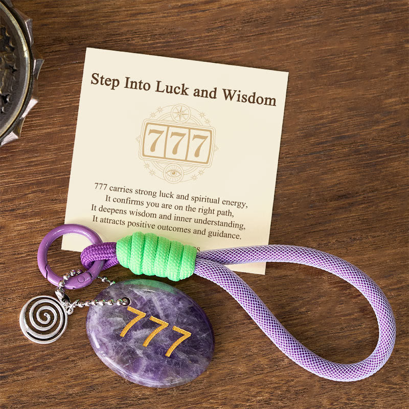 Buddha Stones "Step Into Luck and Wisdom" 777 Angel Number Natural Amethyst Key Chain Hanging Decoration Includes Gift Message Card