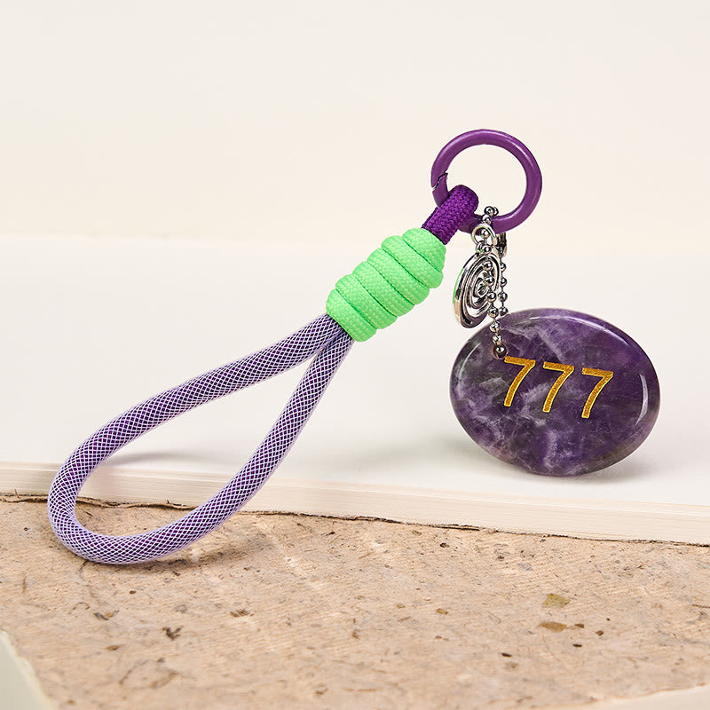Buddha Stones "Step Into Luck and Wisdom" 777 Angel Number Natural Amethyst Key Chain Hanging Decoration Includes Gift Message Card