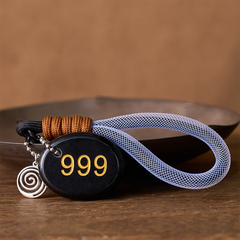 Buddha Stones "Wishing Closure and New Beginnings" 999 Angel Number Natural Black Obsidian Key Chain Hanging Decoration Includes Gift Message Card