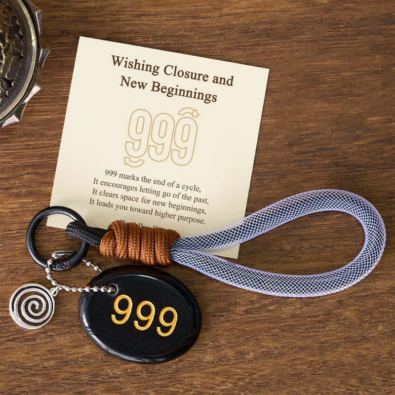 Buddha Stones "Wishing Closure and New Beginnings" 999 Angel Number Natural Black Obsidian Key Chain Hanging Decoration Includes Gift Message Card
