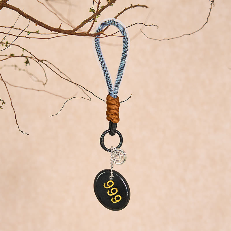 Buddha Stones "Wishing Closure and New Beginnings" 999 Angel Number Natural Black Obsidian Key Chain Hanging Decoration Includes Gift Message Card