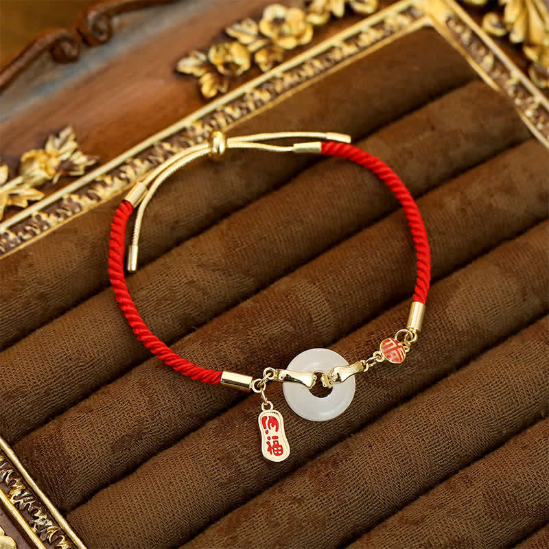 Buddha Stones White Jade Red String Fu Character Braided Blessing Bracelet