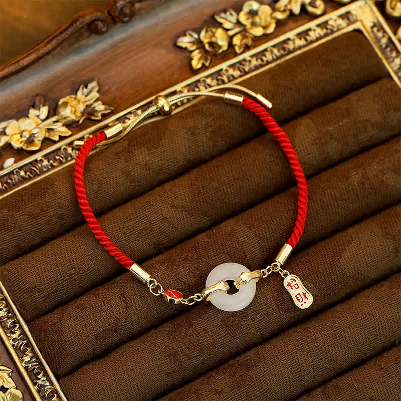 Buddha Stones White Jade Red String Fu Character Braided Blessing Bracelet