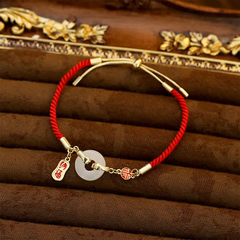 Buddha Stones White Jade Red String Fu Character Braided Blessing Bracelet