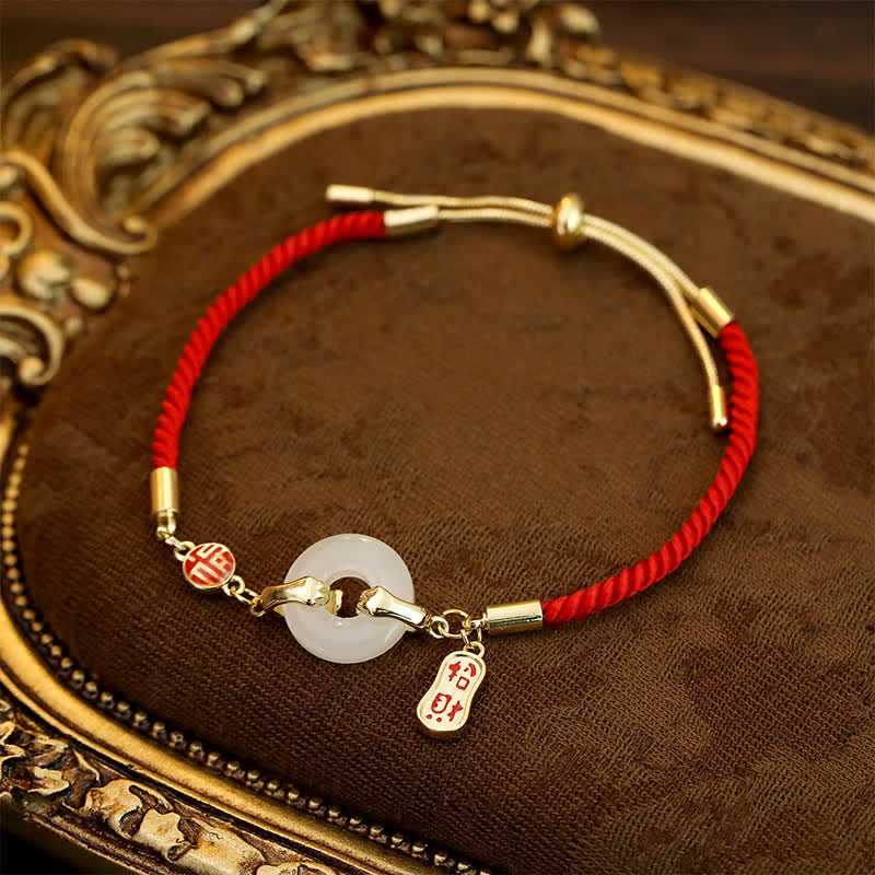 Buddha Stones White Jade Red String Fu Character Braided Blessing Bracelet