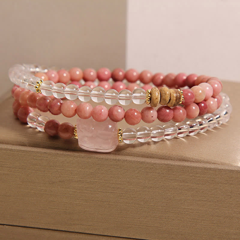 Buddha Stones Rhodonite Clear Quartz Rose Quartz PiXiu Triple Wrap Bracelet