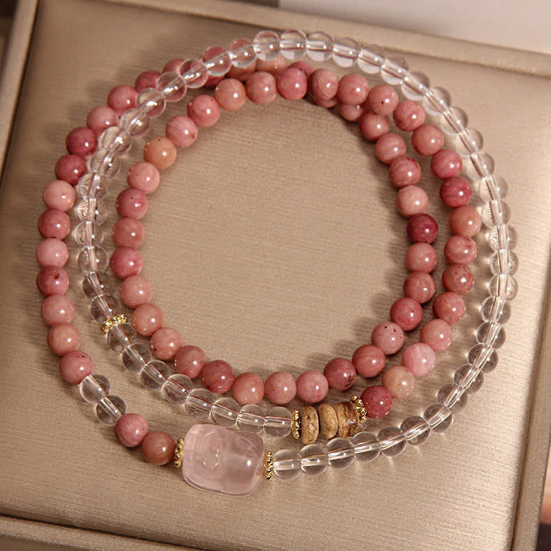 Buddha Stones Rhodonite Clear Quartz Rose Quartz PiXiu Triple Wrap Bracelet