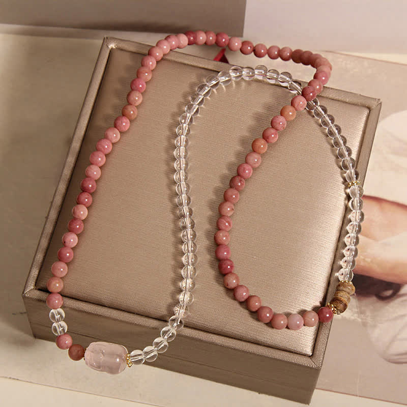 Buddha Stones Rhodonite Clear Quartz Rose Quartz PiXiu Triple Wrap Bracelet