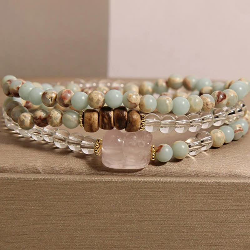 Buddha Stones Rhodonite Clear Quartz Rose Quartz PiXiu Triple Wrap Bracelet
