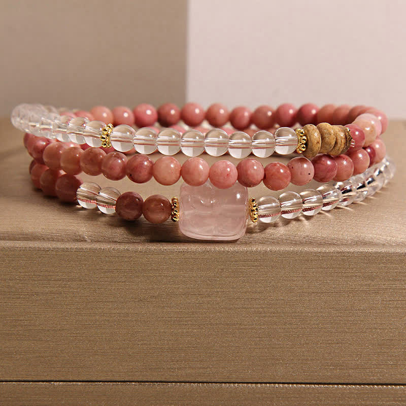 Buddha Stones Rhodonite Clear Quartz Rose Quartz PiXiu Triple Wrap Bracelet