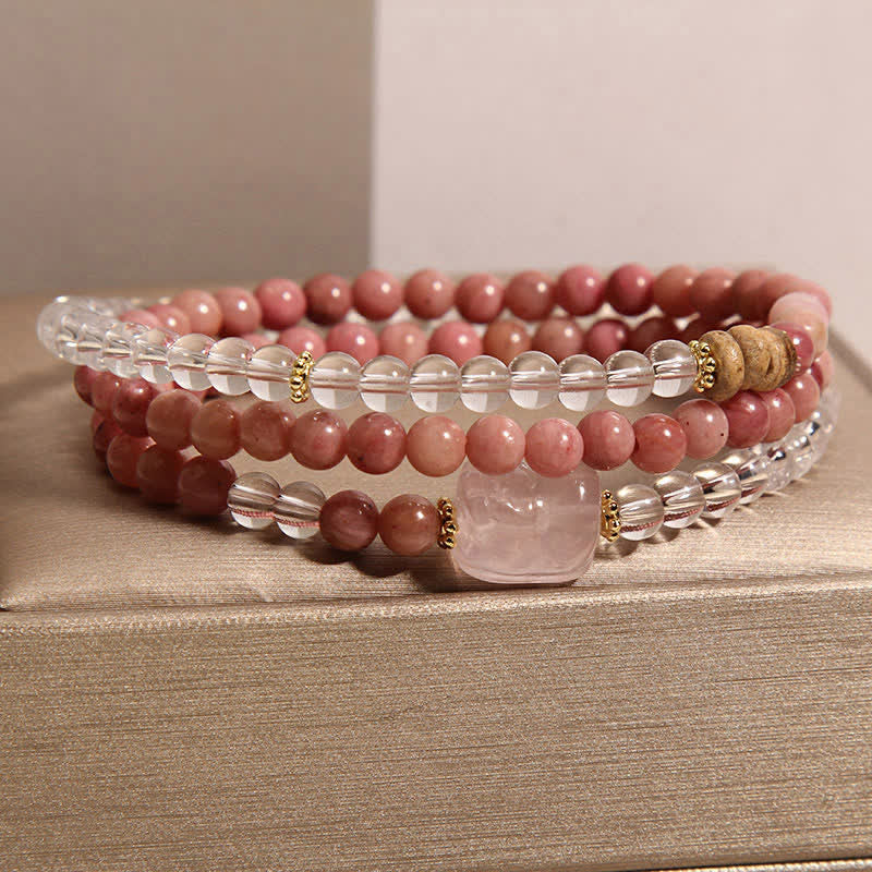 Buddha Stones Rhodonite Clear Quartz Rose Quartz PiXiu Triple Wrap Bracelet