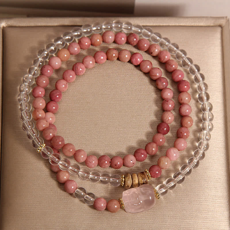 Buddha Stones Rhodonite Clear Quartz Rose Quartz PiXiu Triple Wrap Bracelet