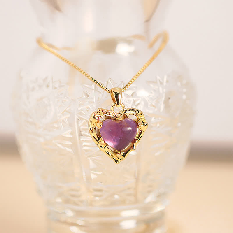 Buddha Stones Natural Amethyst Crystal Inlay Heart Shape Balance Necklace