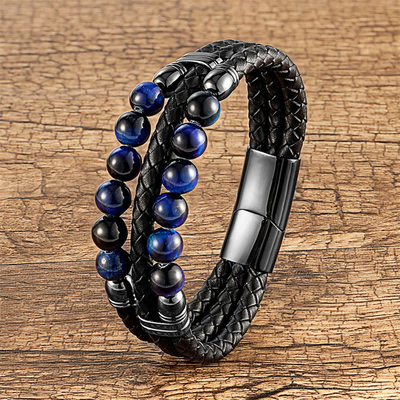 Buddha Stones Tiger Eye Hematite Lava Rock Black Onyx Lazurite Lapis Lazuli Beads Protection Strength Leather Bracelet
