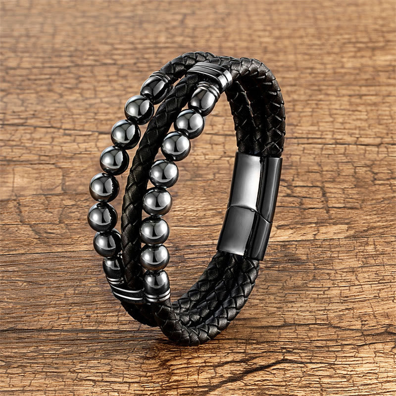 Buddha Stones Tiger Eye Hematite Lava Rock Black Onyx Lazurite Lapis Lazuli Beads Protection Strength Leather Bracelet