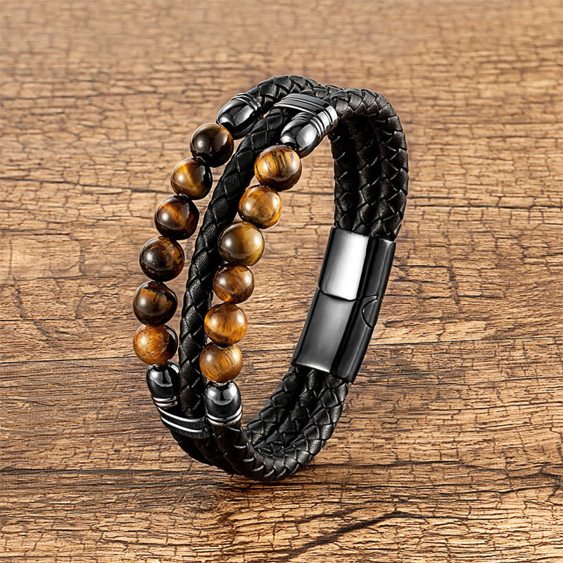 Buddha Stones Tiger Eye Hematite Lava Rock Black Onyx Lazurite Lapis Lazuli Beads Protection Strength Leather Bracelet