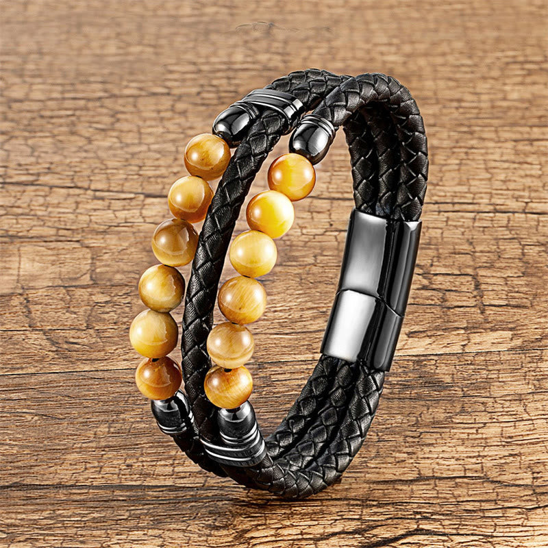 Buddha Stones Tiger Eye Hematite Lava Rock Black Onyx Lazurite Lapis Lazuli Beads Protection Strength Leather Bracelet