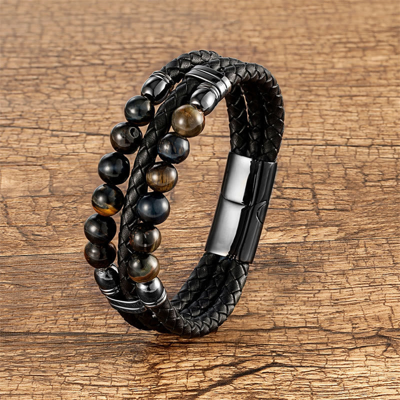 Buddha Stones Tiger Eye Hematite Lava Rock Black Onyx Lazurite Lapis Lazuli Beads Protection Strength Leather Bracelet