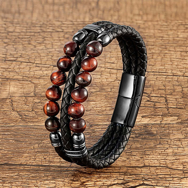 Buddha Stones Tiger Eye Hematite Lava Rock Black Onyx Lazurite Lapis Lazuli Beads Protection Strength Leather Bracelet