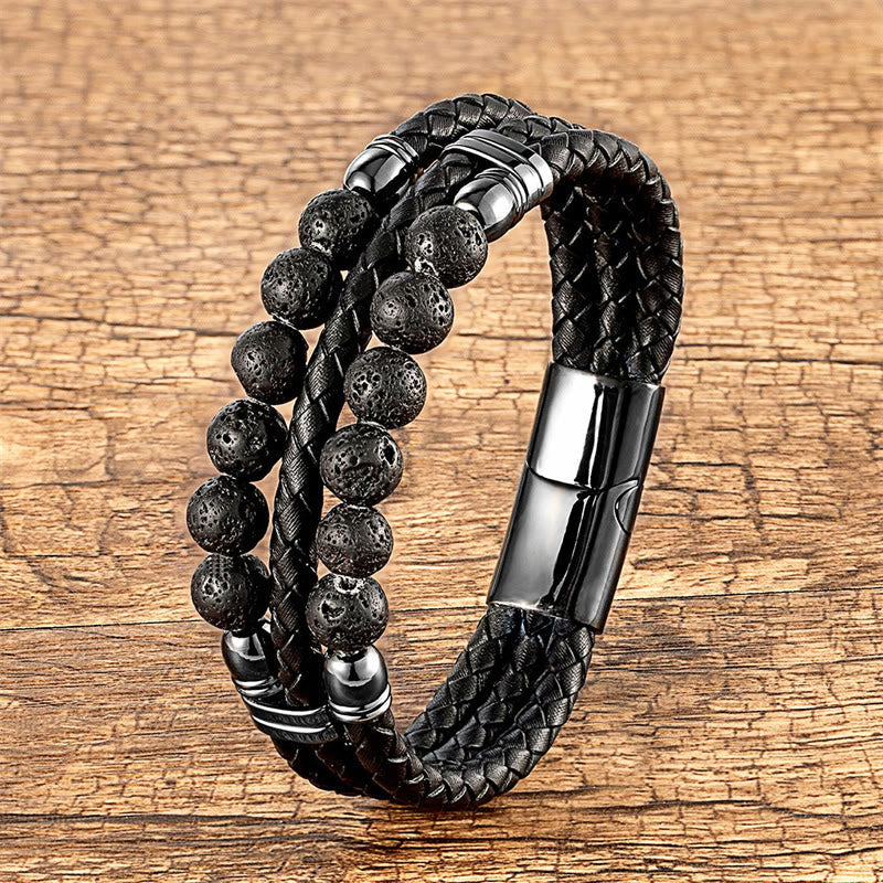 Buddha Stones Tiger Eye Hematite Lava Rock Black Onyx Lazurite Lapis Lazuli Beads Protection Strength Leather Bracelet