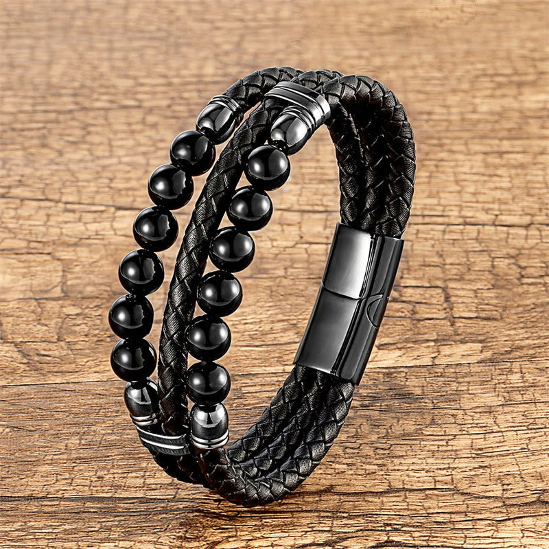 Buddha Stones Tiger Eye Hematite Lava Rock Black Onyx Lazurite Lapis Lazuli Beads Protection Strength Leather Bracelet