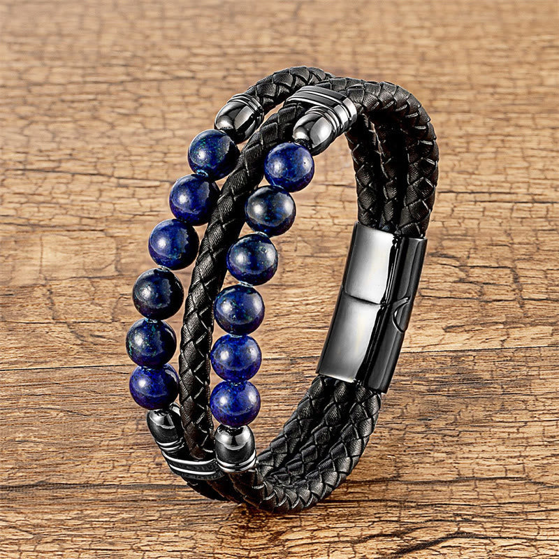 Buddha Stones Tiger Eye Hematite Lava Rock Black Onyx Lazurite Lapis Lazuli Beads Protection Strength Leather Bracelet