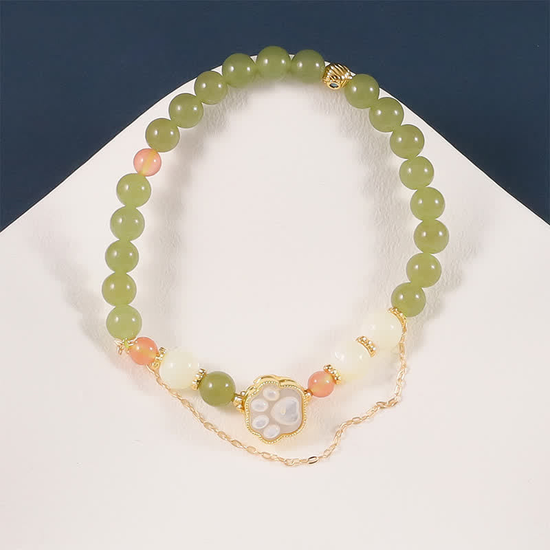 EverestArtstudios Natural Hetian Jade Tridacna Stone Cat Paw Design Prosperity Bracelet
