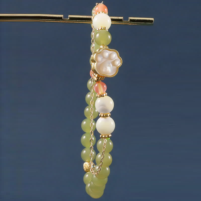 EverestArtstudios Natural Hetian Jade Tridacna Stone Cat Paw Design Prosperity Bracelet