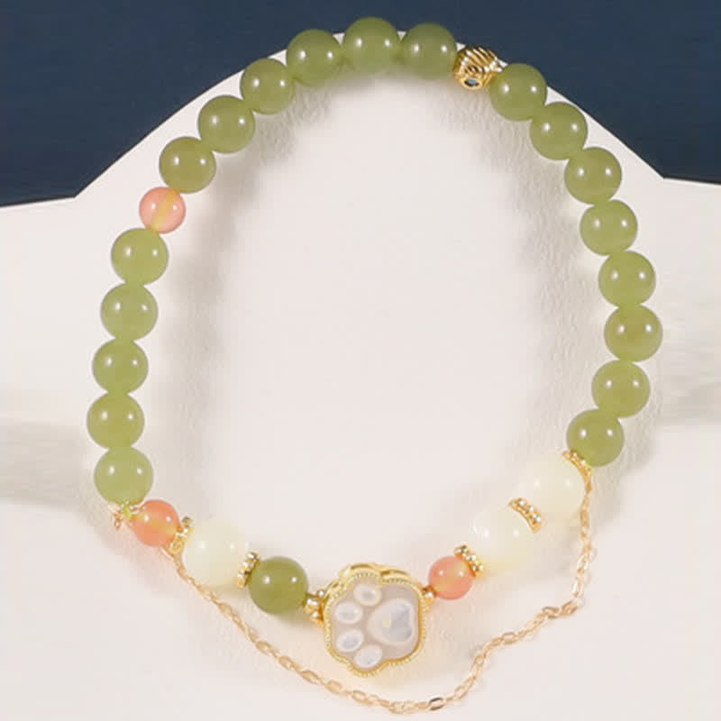 EverestArtstudios Natural Hetian Jade Tridacna Stone Cat Paw Design Prosperity Bracelet