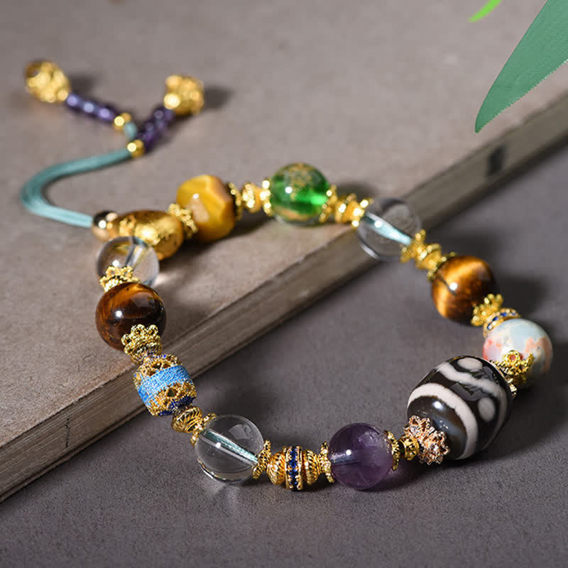 Buddha Stones Natural Dzi Beads Amethyst Tiger Eye Bead Health Bracelet