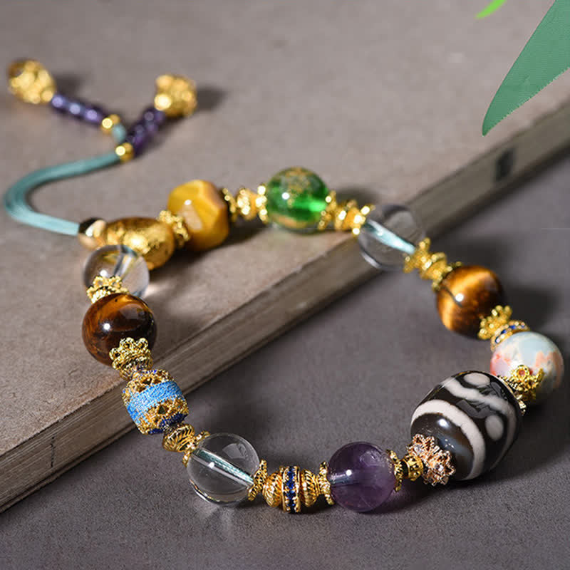 Buddha Stones Natural Dzi Beads Amethyst Tiger Eye Bead Health Bracelet