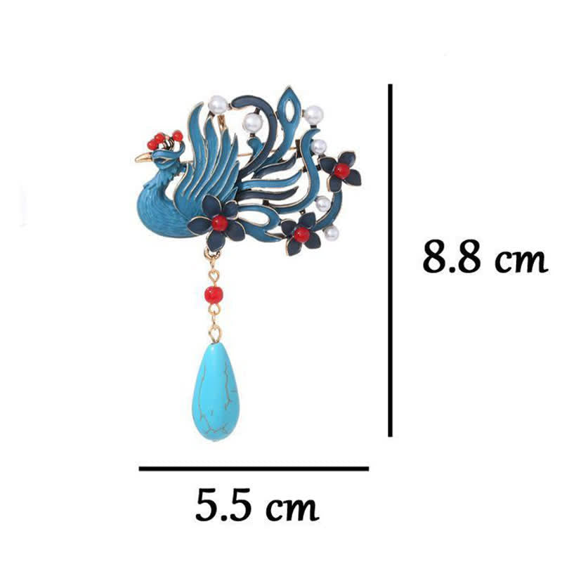 EverestArtStudios Blue Phoenix Flower Pearl Turquoise Brooch