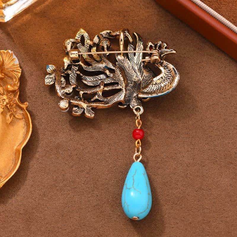 EverestArtStudios Blue Phoenix Flower Pearl Turquoise Brooch