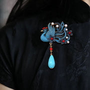 EverestArtStudios Blue Phoenix Flower Pearl Turquoise Brooch