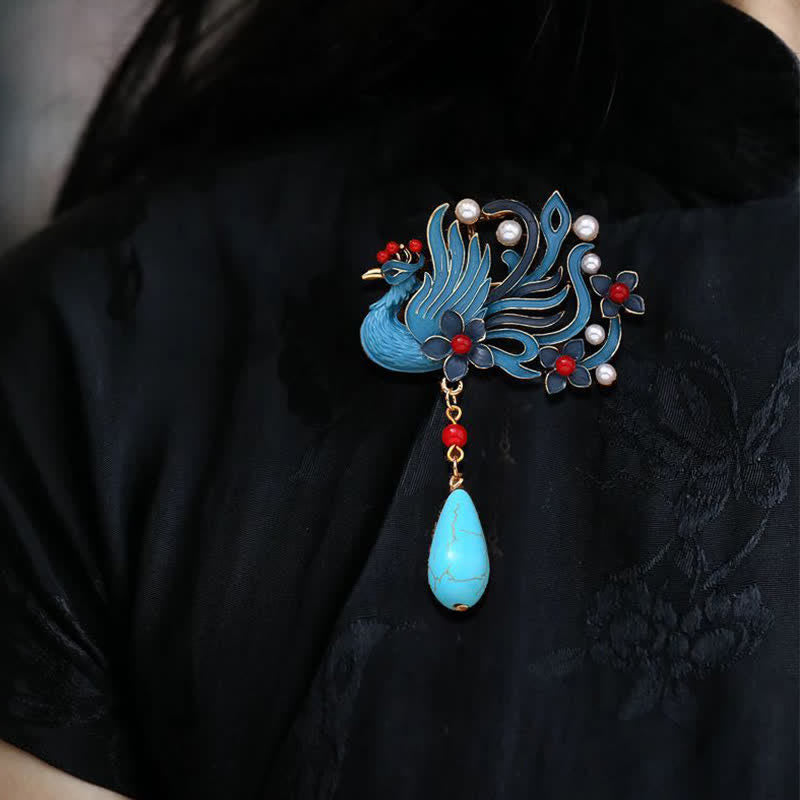 EverestArtStudios Blue Phoenix Flower Pearl Turquoise Brooch