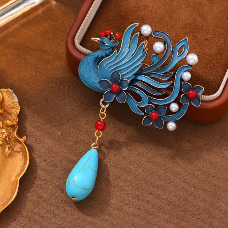 EverestArtStudios Blue Phoenix Flower Pearl Turquoise Brooch