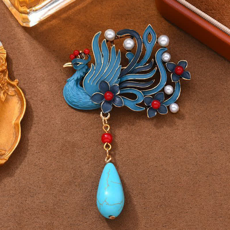 EverestArtStudios Blue Phoenix Flower Pearl Turquoise Brooch