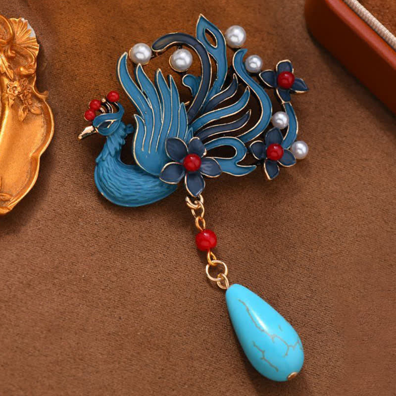 EverestArtStudios Blue Phoenix Flower Pearl Turquoise Brooch
