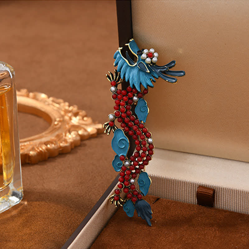 EverestArtStudios Blue Dragon Red Turquoise Luck Brooch