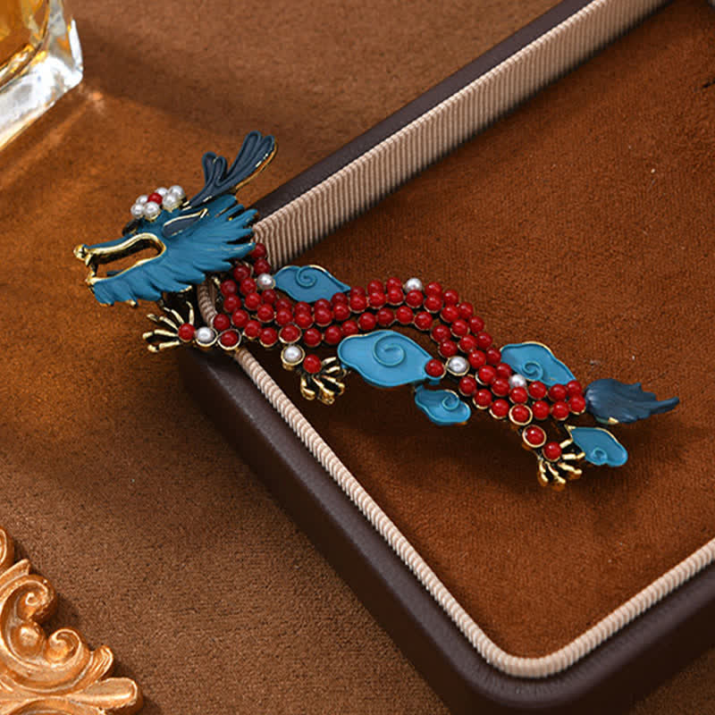 EverestArtStudios Blue Dragon Red Turquoise Luck Brooch