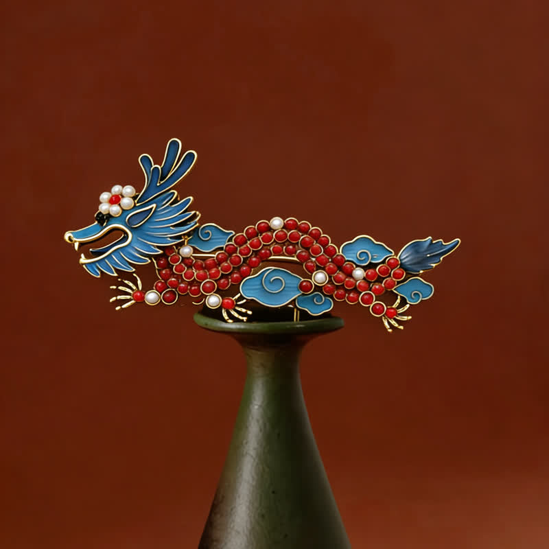 EverestArtStudios Blue Dragon Red Turquoise Luck Brooch